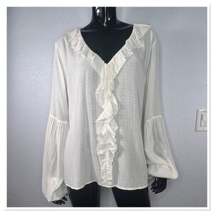 PAIGE Luciano Women's Ruffle Collar Billowy Sleeve Rayon Blouse Sz XL White